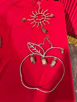 5 pcs Decorative Metal Pieces Garden Yard Art. 4x Mobiles, 3 w/ Bells, 1x Leaf Panel. See pics.