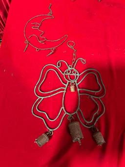 5 pcs Decorative Metal Pieces Garden Yard Art. 4x Mobiles, 3 w/ Bells, 1x Leaf Panel. See pics.