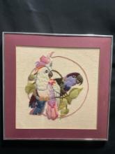 Vintage Framed Needlepoint, Parrot & Parakeet, 18 x 18 inches, lovely colors