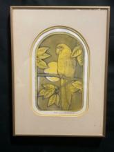 Framed LE Signed & #d 8/50 Parrot by John Baker 1986, measures 18h x 13w inches, Yellow/yellow-gr...