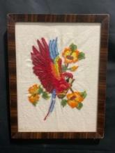 Framed Embroidered Parrot piece, lovely colors, 17.5h x 14w inches