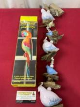 Glazed Porcelain Parrot Windchime & Ceramic Quail & Driftwood Hanging