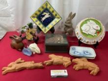 Assortment of Rabbit Figures, Set of 3 Wall hangings, plate, jewelry box, Jelly Mold Wall Hanging...