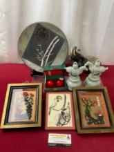2 Celadon Glazed Bells, 2 Framed Jade/ite Wall hangings, Parrot Watercolor, Elephant Figure & more