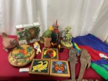 Assortment of Parrot & Rooster pieces, 2 Terracotta, 3 Trivets, 2 Stakes, Royal Crown Figure, & f...