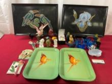 Assorted Parrot Figures, Statues, Glass, Rock, Avon Bottles, Ceramic, lightswitch covers, w/ 4 tr...