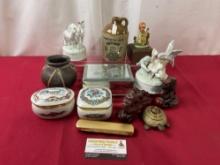 6 Music Boxes, Ceramic Figures, Jewelry Boxes, Carved Dragons, Turtle Incense, Jar, Whiskey Jug&m...