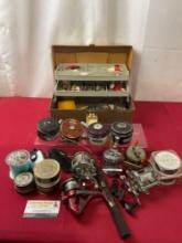 Assortment of 9 Vintage Reels, Tackle Box w/ Lures, Weights & more