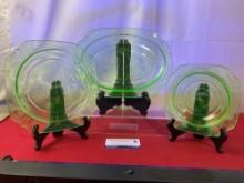 Three Vaseline Glass Plates, Parrot Pattern, fluoresce in blacklight, larger is 9w x 10.5L inches