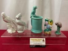 5 Parrot & Bird Figures, Cup, Bud Vase, Made in US, Japan & China, Glazed Porcelain