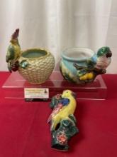 Three Parrot Planters, Wall piece, & pair of rounds pieces, tallest is 6 inches tall