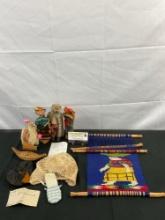 9 pcs Vintage Textiles & Souvenirs Assortment. Antique Baby Bonnet & "Sailor Joe" Doll's Hat. See