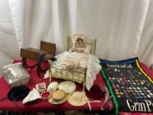 Coll. Doll Furniture, Clothes & Lee Middleton Doll, Bed & School Desk & Rabbit Fur Wrist Purse