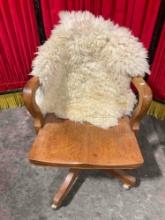 Vintage Handsome Tiger Oak Wood Executive Chair w/ Leather Back & Sheepskin. See pics.