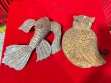 2 pcs Rustic Metal Garden Decorative Sculptures, Owl & Fish. Possibly Holds Candles? See pics