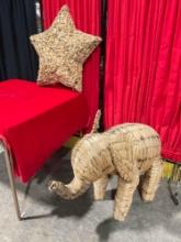 2 pcs Large Woven Raffia Sculptures. Elephant Figure & Star. Very Good Condition. See pics.