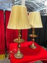 Pair of Vintage Etched Brass & Wood Table Lamps w/ Cream Cloth Shade. Untested. See pics.