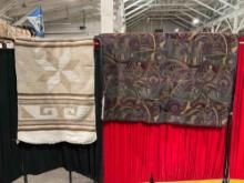 2 pcs Vintage Blankets. 1x Loomed Brown & White Tapestry, 1x Purple Abstract w/ Fleece. See pics.