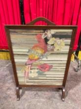 Vintage Wooden Fireplace Screen w/ Colorful Parrot Tapestry. Very Good Condition. See pics.