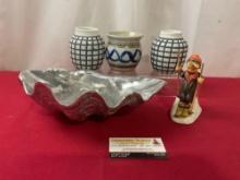 Goebel Hummel Figure #59 Skier, Arthur Court Metal Shell, 3 Stoneware Glazed Jars