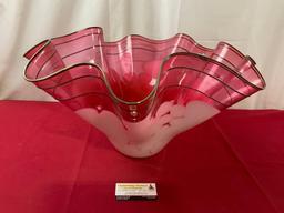 Large Frilled Edge Blown Glass Bowl, Signed by Artist, measures approx 12h x 21-23d inches