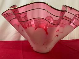 Large Frilled Edge Blown Glass Bowl, Signed by Artist, measures approx 12h x 21-23d inches
