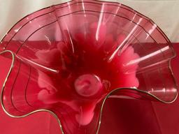 Large Frilled Edge Blown Glass Bowl, Signed by Artist, measures approx 12h x 21-23d inches
