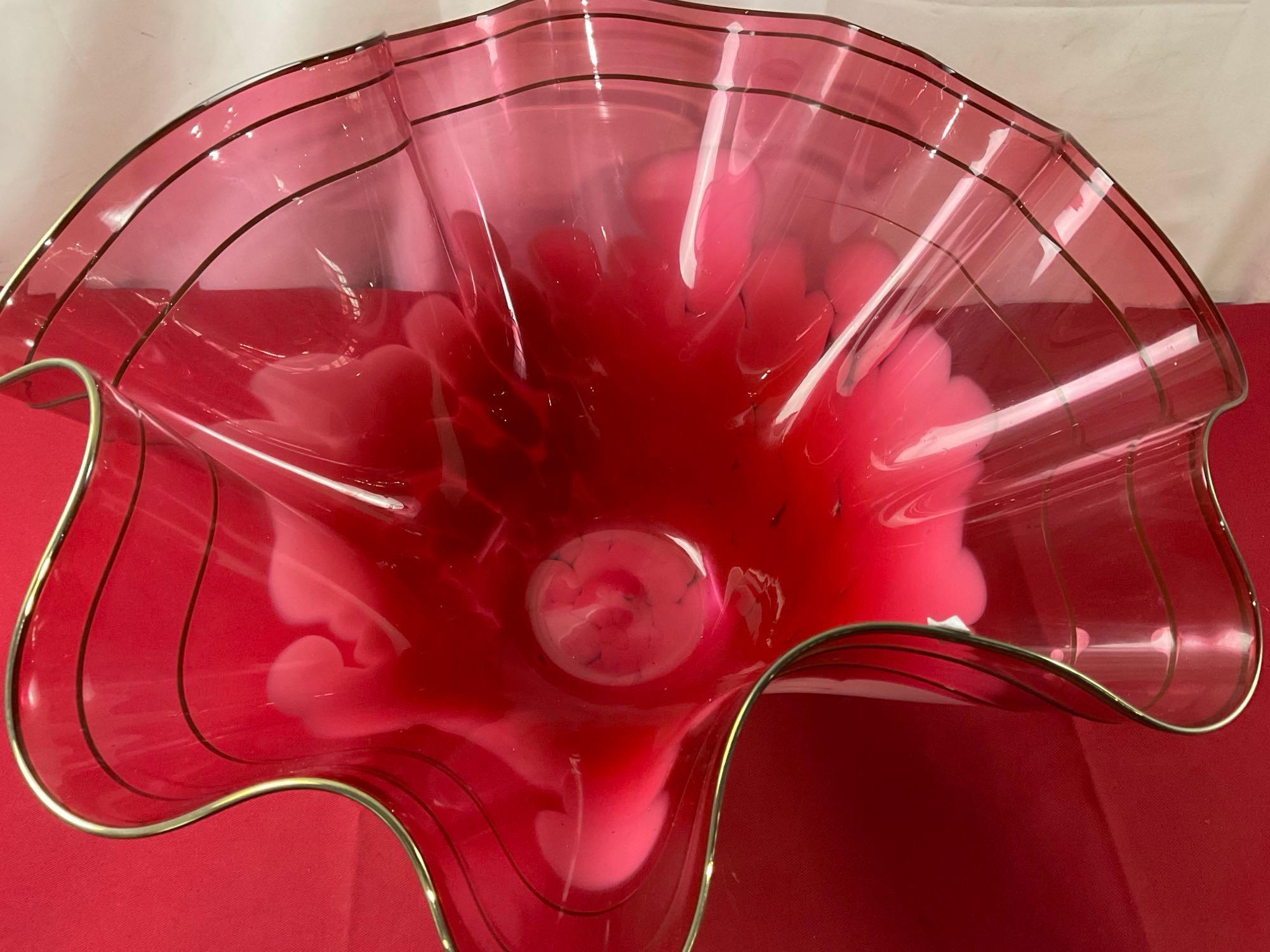 Large Frilled Edge Blown Glass Bowl, Signed by Artist, measures approx 12h x 21-23d inches