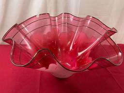 Large Frilled Edge Blown Glass Bowl, Signed by Artist, measures approx 12h x 21-23d inches