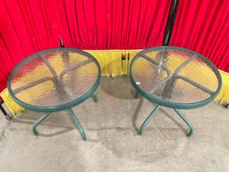 Pair of Small Round Green Metal Patio Side Tables Planter Stands w/ Glass Tops. See pics.