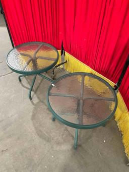 Pair of Small Round Green Metal Patio Side Tables Planter Stands w/ Glass Tops. See pics.