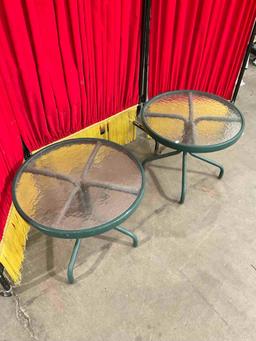 Pair of Small Round Green Metal Patio Side Tables Planter Stands w/ Glass Tops. See pics.