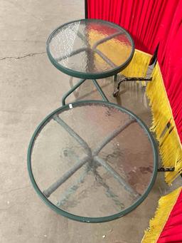 Pair of Small Round Green Metal Patio Side Tables Planter Stands w/ Glass Tops. See pics.