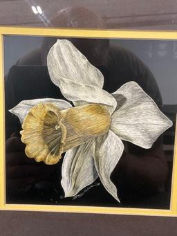 Framed Original Sally Miller, Signed Watercolor Painting of Daffodil, 20h x 16w inches