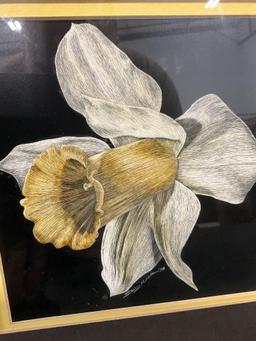 Framed Original Sally Miller, Signed Watercolor Painting of Daffodil, 20h x 16w inches
