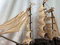 Large Wooden Ship Model, Handmade, Tinted Wood w/ rough cloth sails, approx 34h x 39L x 7d inches