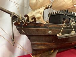 Large Wooden Ship Model, Handmade, Tinted Wood w/ rough cloth sails, approx 34h x 39L x 7d inches