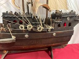 Large Wooden Ship Model, Handmade, Tinted Wood w/ rough cloth sails, approx 34h x 39L x 7d inches