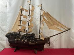 Large Wooden Ship Model, Handmade, Tinted Wood w/ rough cloth sails, approx 34h x 39L x 7d inches