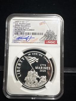 2025-P Marine Corps 250th Anniversary Silver $1 Dollar Proof NGC PF70 FIRST DAY Signed