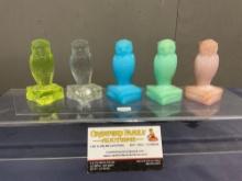 Collection of 5 Degenhart Glass Owls, Crown Tuscan, Milk Blue, Clear, Uranium Green, Pale Milk Gr...