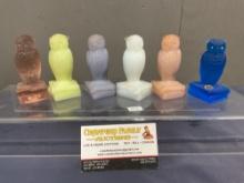 Collection of Glass Owls, 5 Degenhart & 1 Westmoreland, 6 colors, 1 Frost White, Purple, Pale Pin...