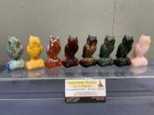 Collection of 8 Boyd Glass Owls, Apricot, Dark Chocolate, Flame, Green, Clear Dark Green, Clear...