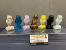 Collection of 7 Boyd Glass Owls, Dogwood, Chocolate, Heather, Clear Blue, Clear & Pale Yellow & m...