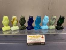 Collection of 8 Boyd Glass Owls, Jadeite, Camden Swirl, Ice Blue, Malachite, Cobalt, Clear Blue &...
