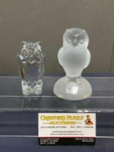 Pair of French Glass Owls, Cofrac Art Verrier Signed, 3.5 inch & Schmid Frosted Paperweight, 4.5 in