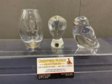 3 Crystal Glass Owls w/ original stickers, Hadeland Norway, Smalandshyttan & Reijmyre Swedish pcs