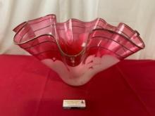 Large Frilled Edge Blown Glass Bowl, Signed by Artist, measures approx 12h x 21-23d inches