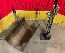 5 pcs Vintage Fireplace Tools incl. Poker, Brush, Dustpan, Stand & Log Holder. See pics.