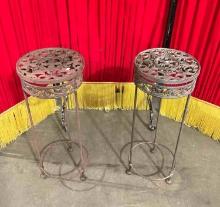 Pair of Copper Painted Metal Planter Stands w/ Ornate Filigree. Excellent Condition. See pics.